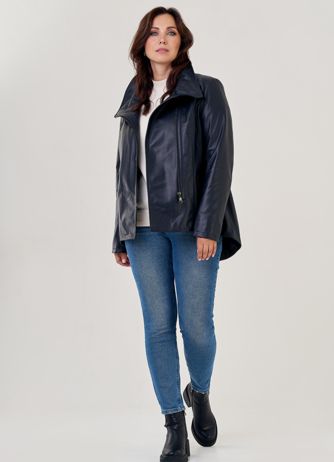 Кожаная куртка на молнии темно-синего цвета  модель № 10862 универмаг малина