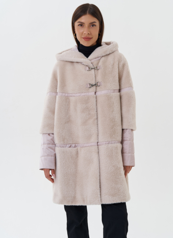 Комбинированное пальто из эко меха с капюшоном