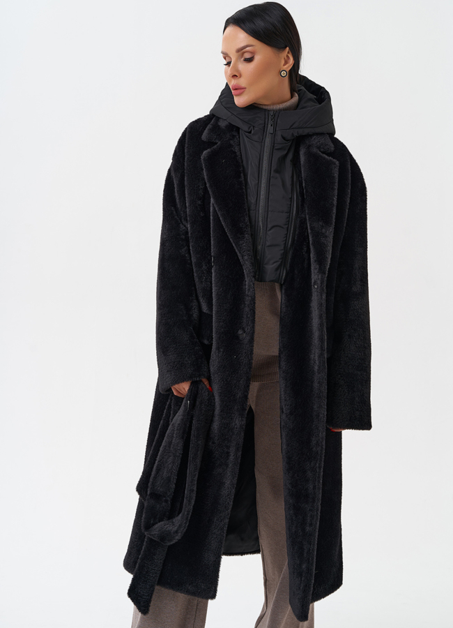 Женское ворсовое пальто с капюшоном модель № 28944 универмаг малина