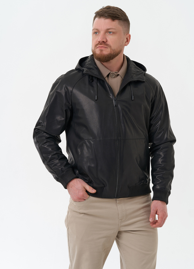 Мужская куртка из натуральной кожи с капюшоном модель № 30073 меха малина