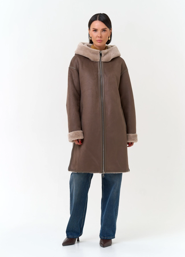 Женская дубленка из эко замши модель № 34113 меха малина