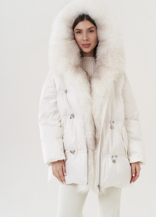 Пуховик женский с капюшоном  модель № 25938 меха малина