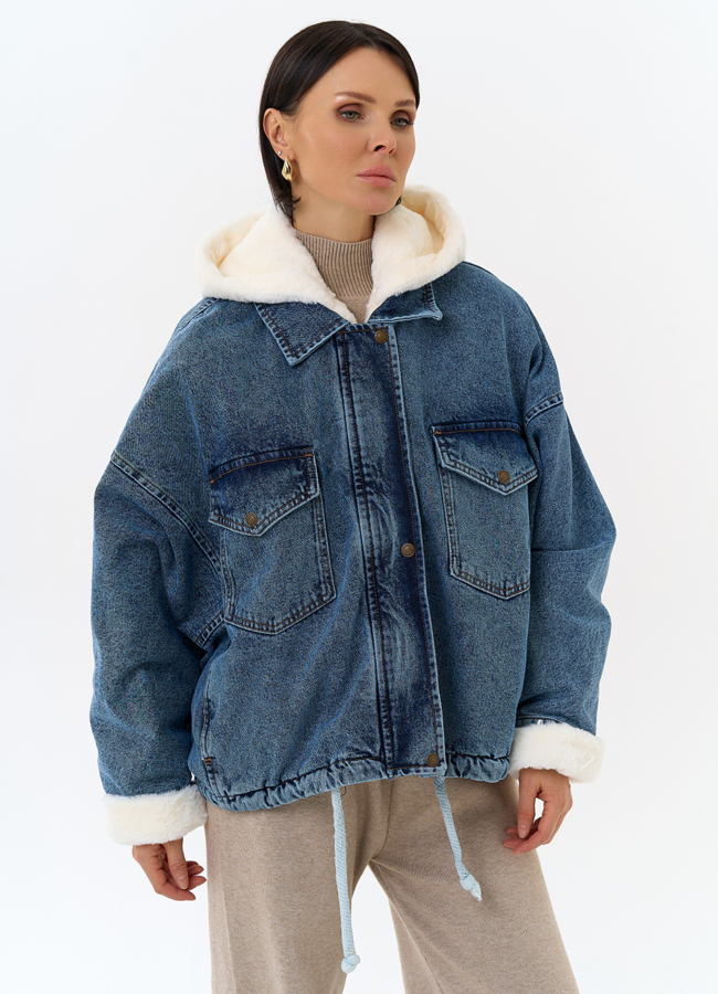 Женская утепленная джинсовая куртка с отделкой из эко меха модель № 31912 универмаг малина