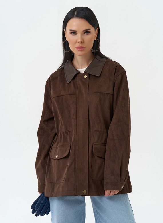 Женская парка из эко замши коричневого цвета