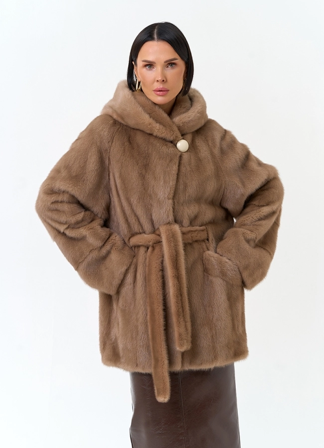 Шуба из меха норки с капюшоном модель № 31783 меха малина фото