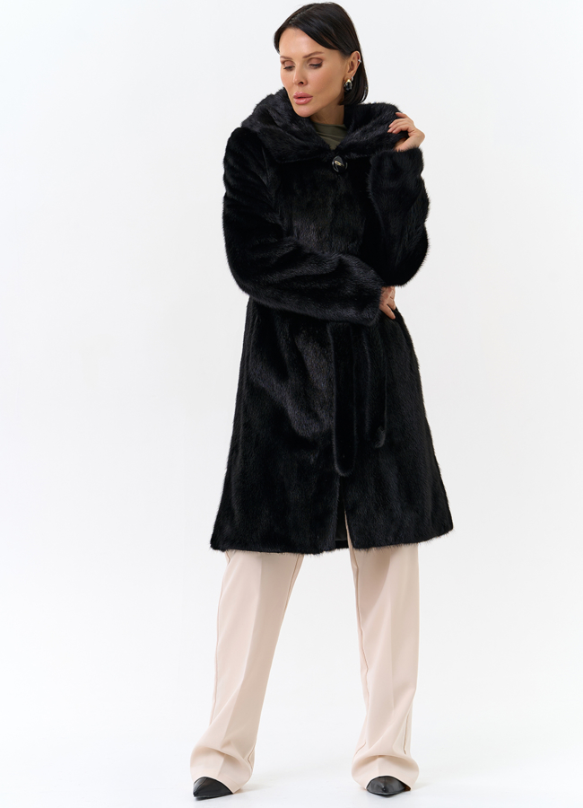 Норковая шуба с капюшоном и поясом черного цвета модель № 29529 универмаг малина