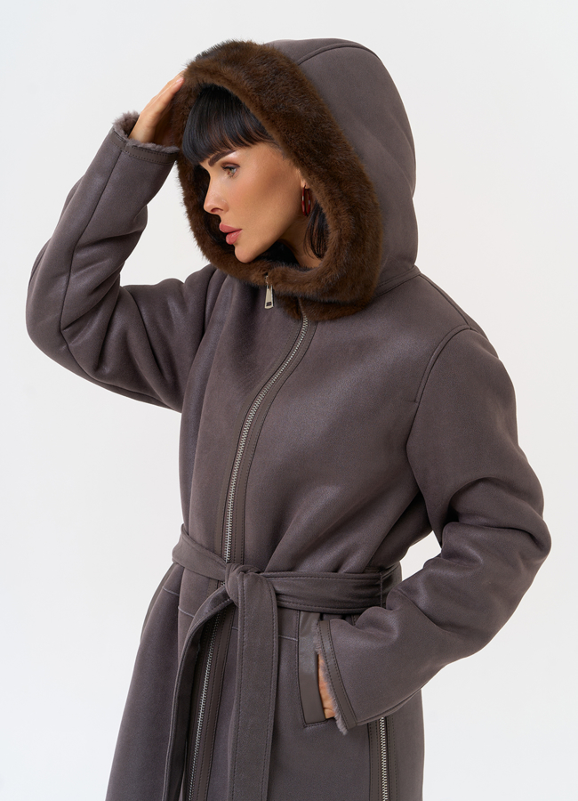 Женская дубленка из эко замши с поясом модель № 31515 универмаг малина