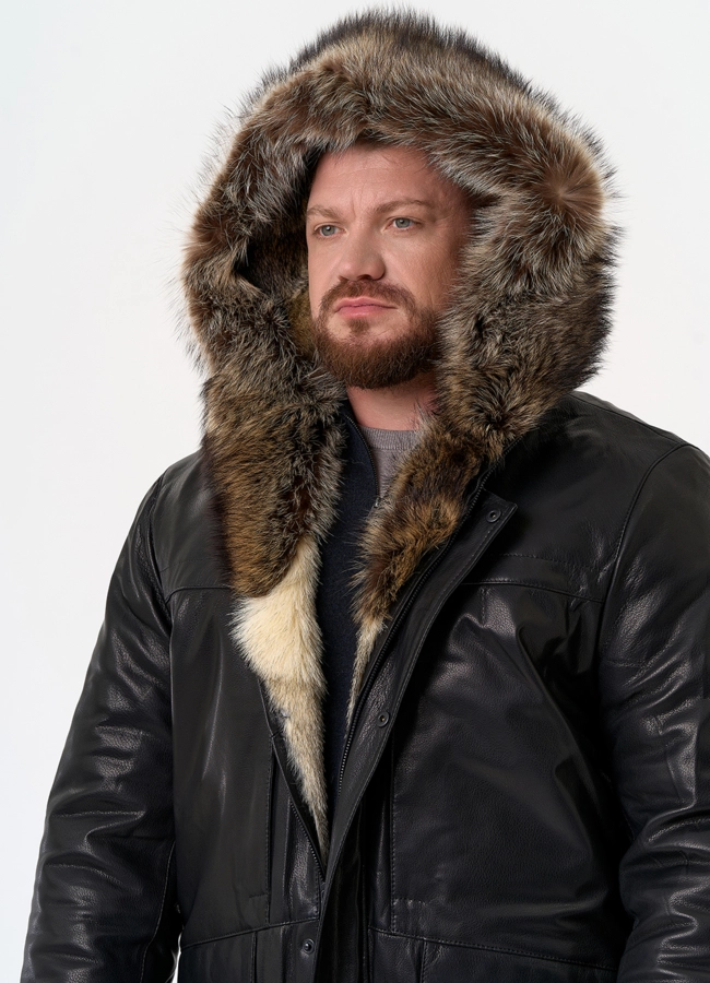 Мужская куртка с капюшоном на мехе из волка модель № 31780 универмаг малина фото