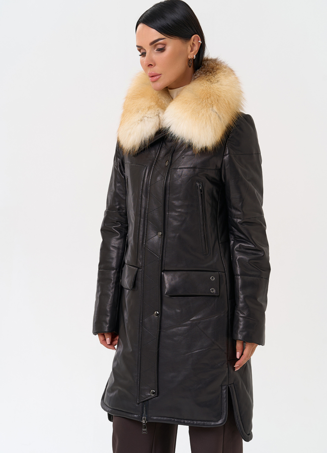 Кожаный пуховик с воротником из лисы модель № 19919 универмаг малина