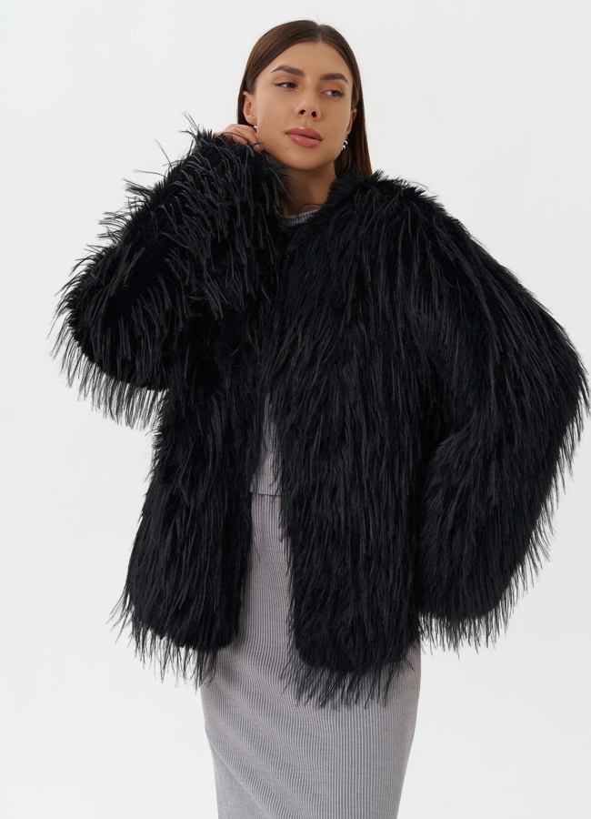 Женская шуба под эко страуса черного цвета модель № 27809 универмаг малина