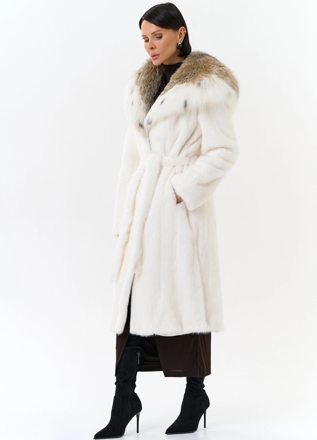 фото Шуба из белой  норки с капюшоном из рыси модель № 25001
