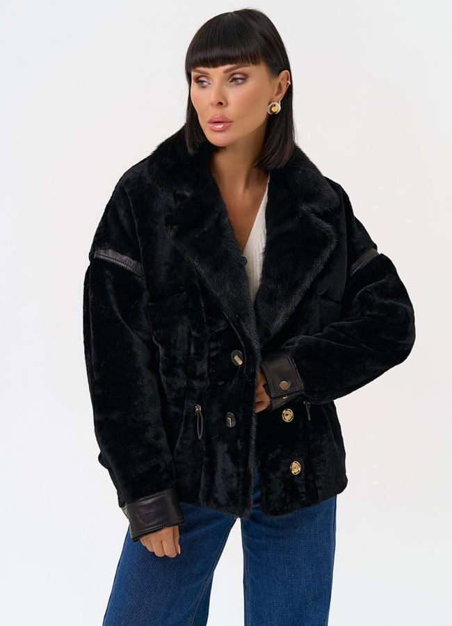 Женская короткая дубленка с английским воротником из меха норки модель № 31483 меха малина