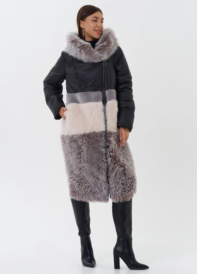 фото Комбинированный пуховик с овчиной модель № 26911