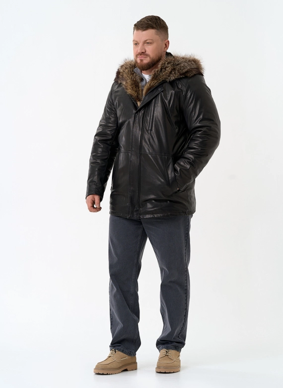 Мужская натуральная дубленка на волке с отделкой из меха енота фото