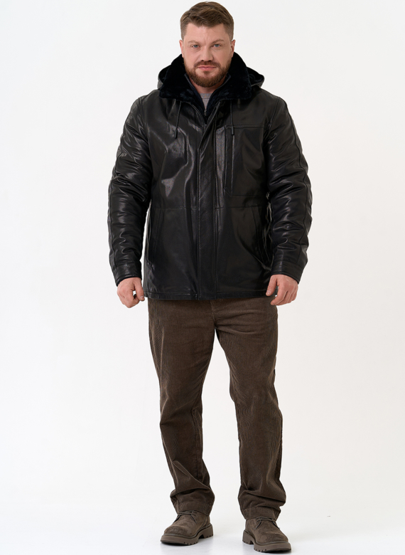 Мужская дубленка черного цвета с капюшоном