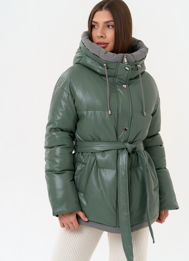 Женский пуховик из эко кожи с поясом модель № 30726 в кредит