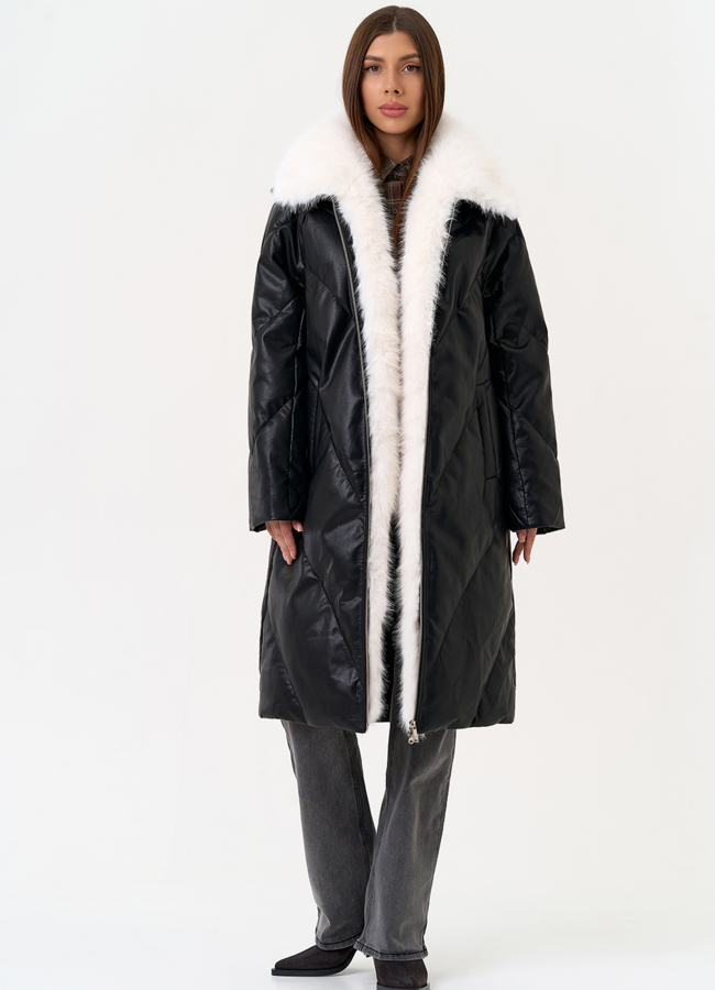 Женский пуховик из эко кожи с отделкой из эко меха модель № 30713 меха малина