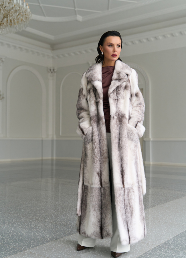 Длинная шуба из норки крестовки cross модель № 31327 в кредит