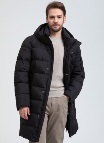 Мужской удлиненный пуховик с капюшоном