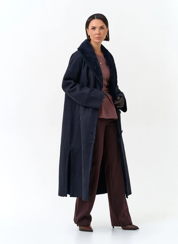 Женская двухсторонняя дубленка с воротником шаль фото